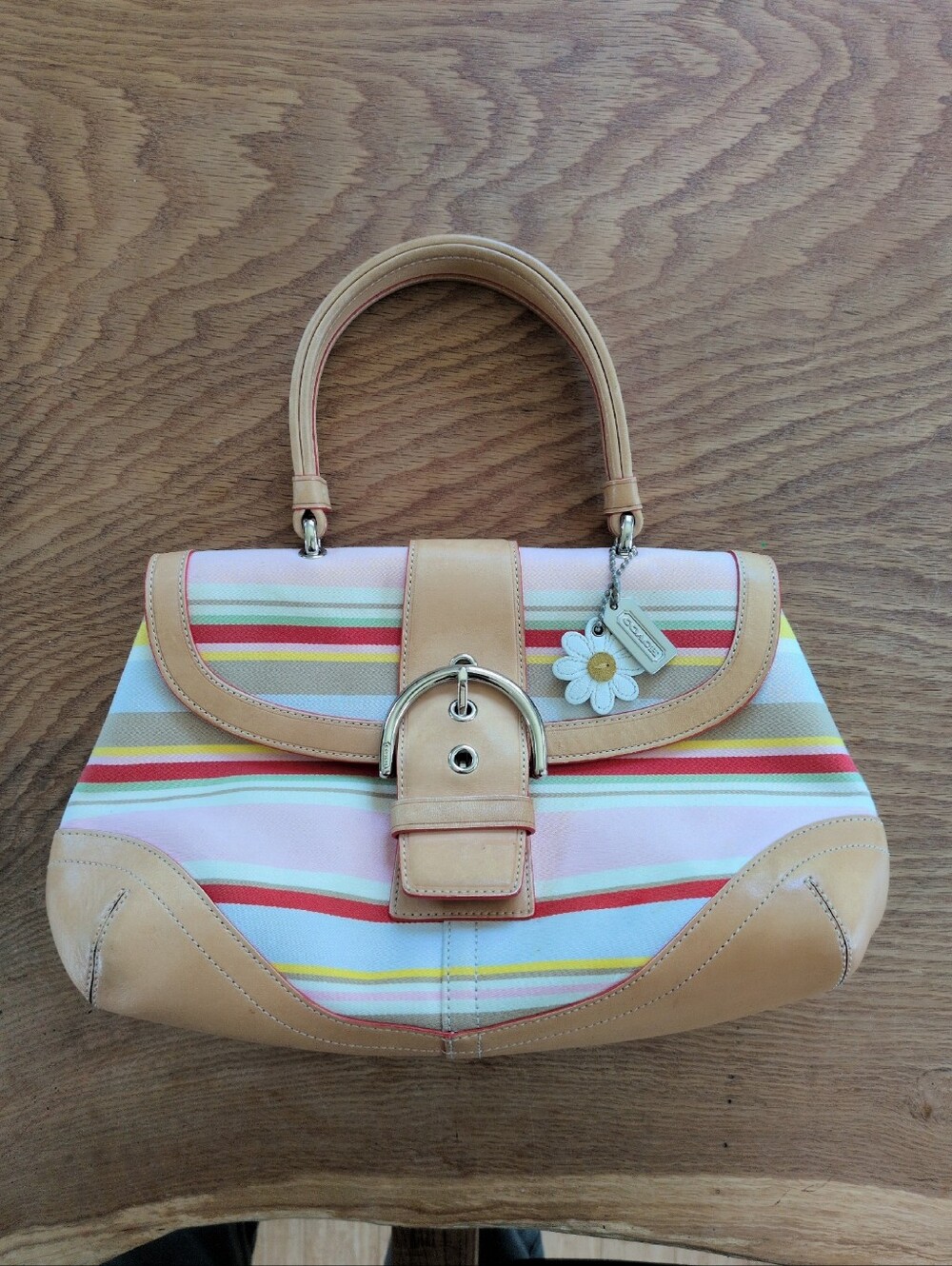 ✨vintage Coach Soho Hampton satchel multicolor striped canvas And Tan Leather - Picture 12 of 13